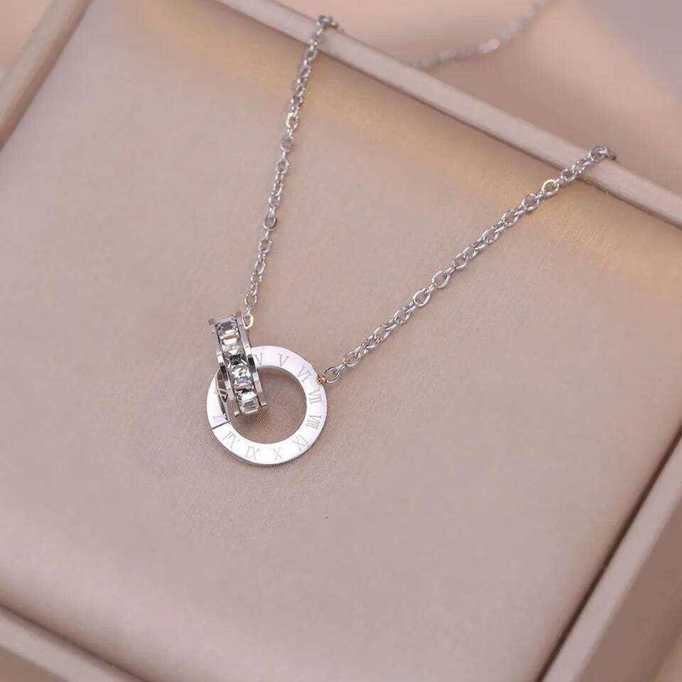 ZAKOL Korean Fashion Titanium Steel Chain Roman Numeral Crystal Circle Choker Necklaces for Women Party Jewelry Gift