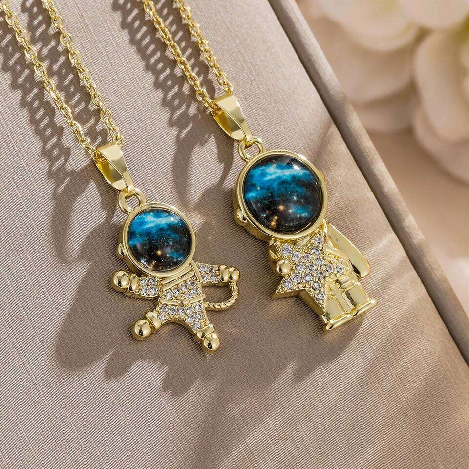 ZAKOL 2Pcs/Set Planet Universe Moon Series CZ Pendant Necklace Sliver Gold Color Titanium Steel Chain Choker Jewelry Gift