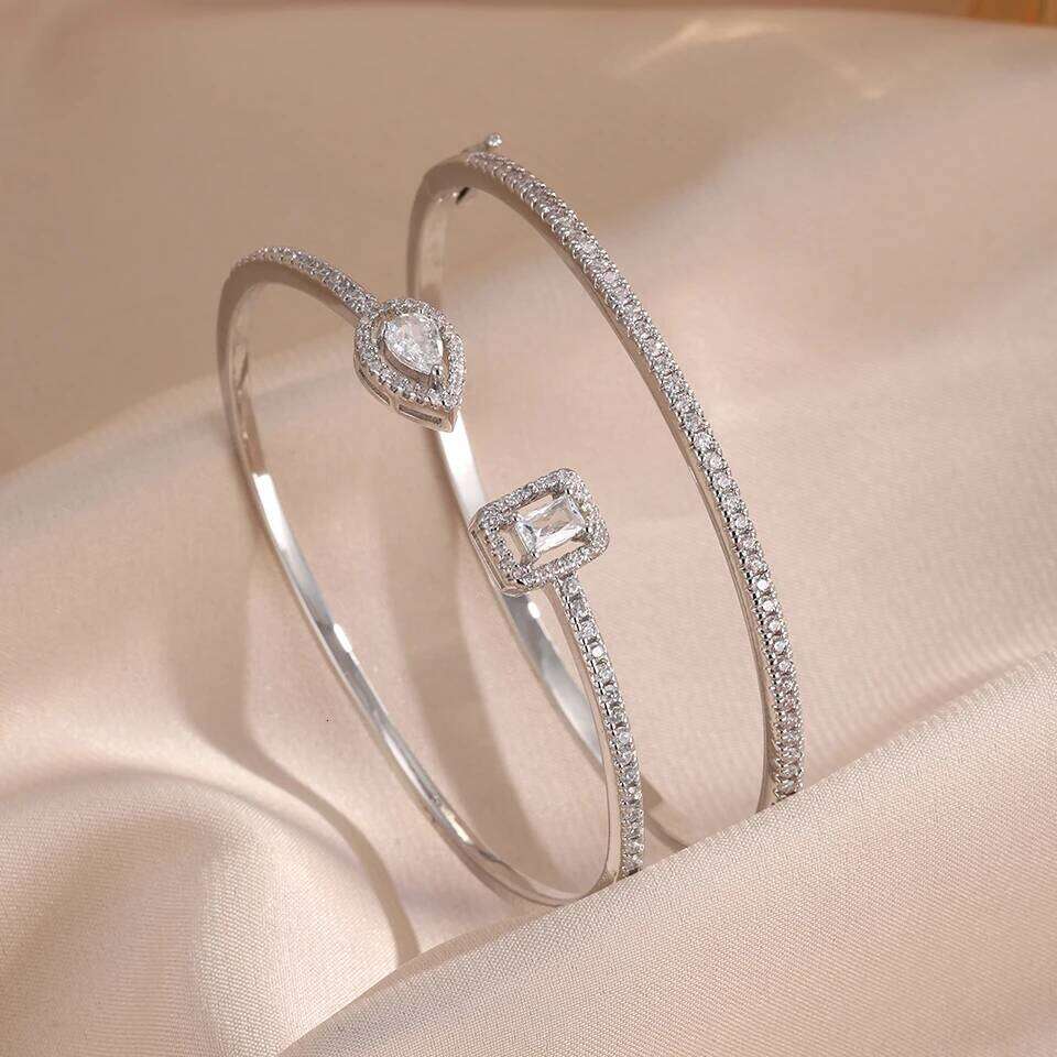 ZAKOL Classic Geometric AAA Cubic Zirconia Open Bracelet for Women Shiny Crystal Engagement Wedding Party 2 Pcs Bangle Set