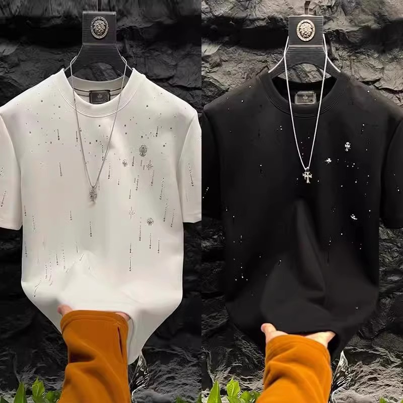 Free Shipping 2026 Summer Meteorite Full Rhinestone Men Round Neck Short Sleeve Trendy Light Luxury Fashion T Shirt Black White Red