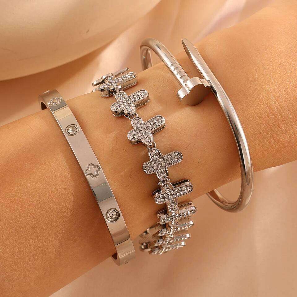 ZAKOL New Creative Stainless Steel Four-leaf Flower Set for Women Buling Rhinestone Hip-hop Bracelet Jewelry Gift