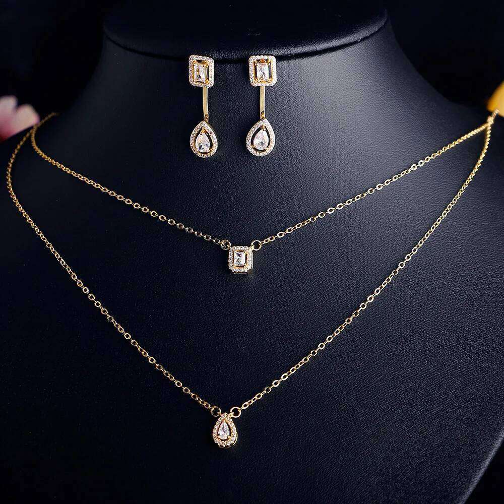 ZAKOL Classic Square Teardrop Shaped Zircon Double Pendant Necklace Earrings For Women Fashion Saudi Wedding Party Jewelry