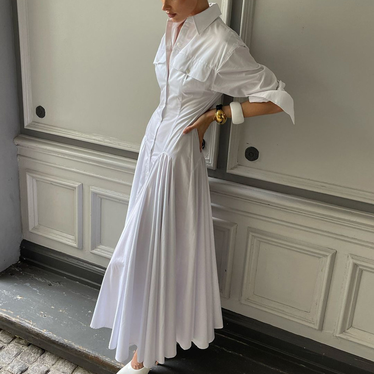 Designed Pleated Single-Breasted Shirt Autumn New Turn-Down Collar Sleeve free shipping High Waist Elegant White Long Dress