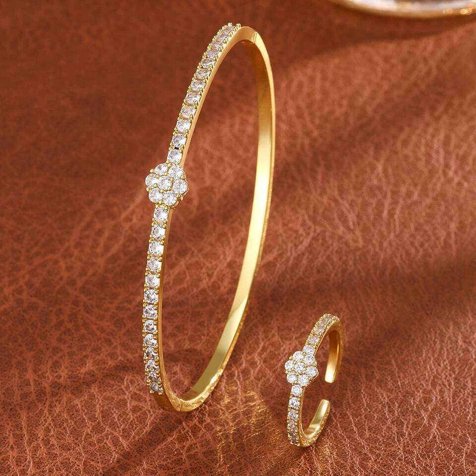 ZAKOL Clear Shiny Zircon Four-Leaf Clover Bracelet Ring Set for Women High-End Luxury Exquisite Fashion Jewelry Accessory Gift