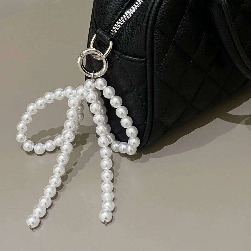 ZAKOL Y2K Korean Cute Beaded Pearl Bowknot Keychain for Women Girls Metal Bow Pendant Bag Decoration Accessories