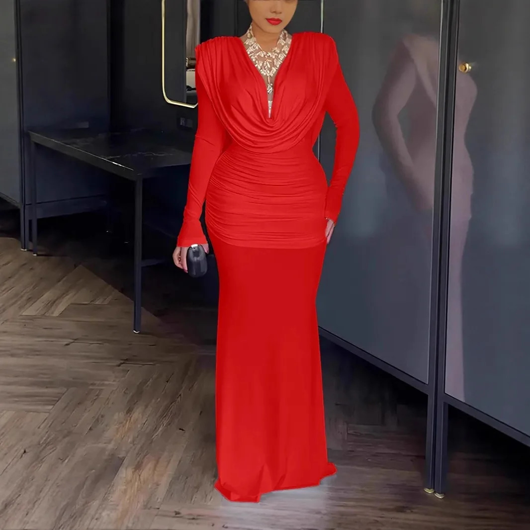 Elegant Slim Fit Long Sleeve V-Neck Autumn Winter Pure Color Evening Dress with Waist Cinching And Fish Tail Pleats for Women 251217