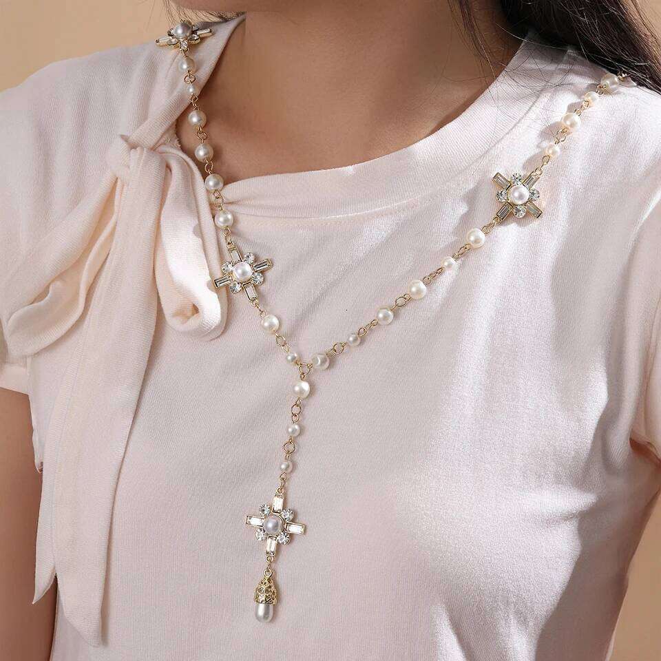 ZAKOL Luxury Double Layer Long Pearl Pearls Flower Sweater Chain Necklace for Woman Exquisite Party Wear Jewelry