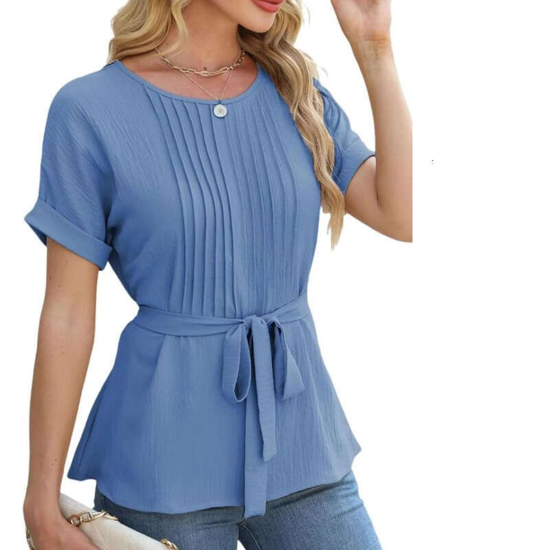 Women Pullover Hoodie Printed Sweatshirt K New Casual Shirt With Ruffled Edges And Pleated Round Neck Short Sleeved Top For Fashionable Wom