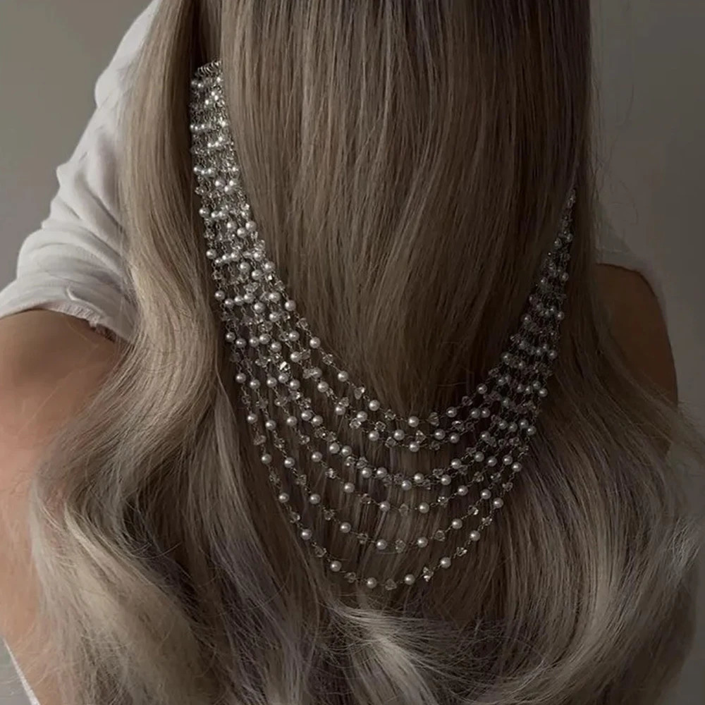 Boho Pearl Multilayer Tassel Headpiece Chain Wedding for Women Elegant Round Bead Bridal Hair Comb Tiara Prom Head Accessories 251223