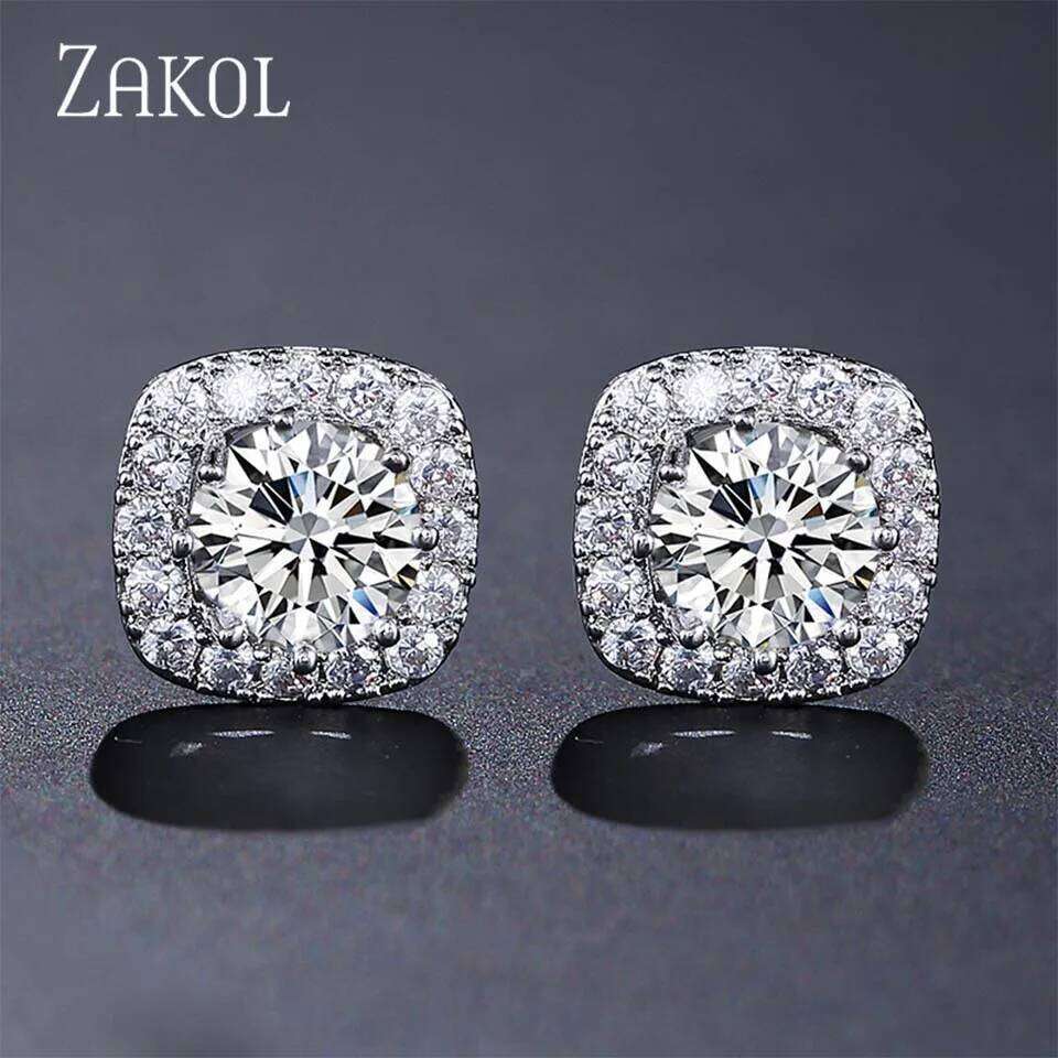 ZAKOL Classic White Square CZ Stud Earrings For Women Exquisite Round Cubic Zirconia Crystal Ear Jewelry Gift