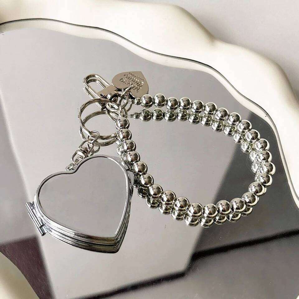 ZAKOL New Y2k Style Silver Color Beads KeyChain with Heart Shaped Mirror Korean Fashion Handbag Ornament Accessories Gift