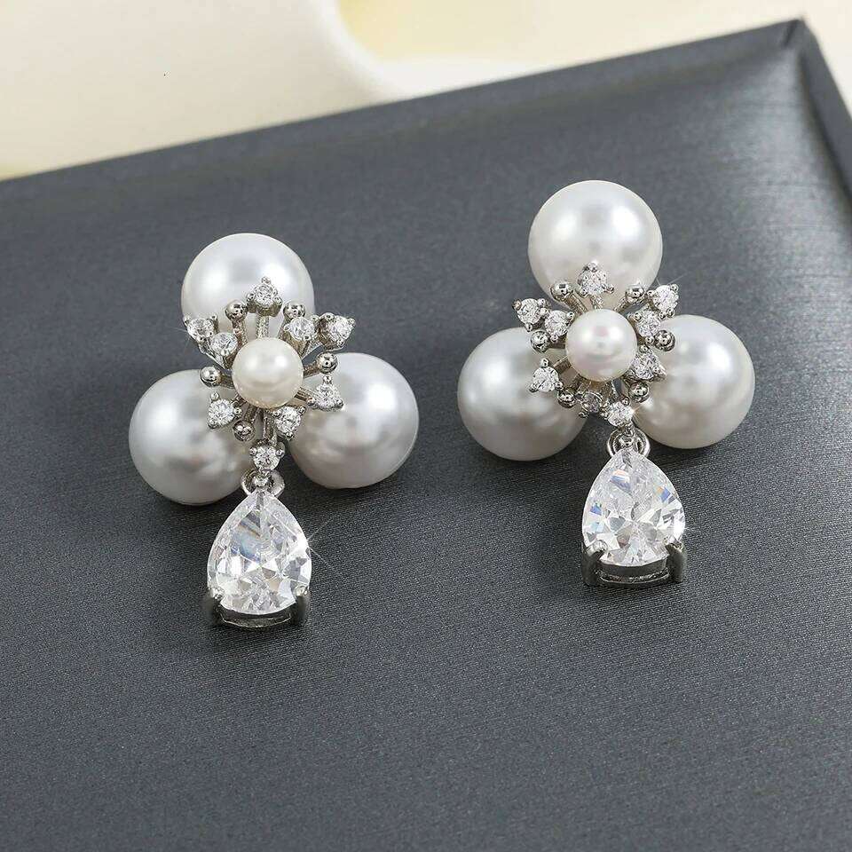 ZAKOL Classic Imitation Pearl Water Drop Zircon Flower Dangle for Women Elegant Bridal Earrings Wedding Jewelry