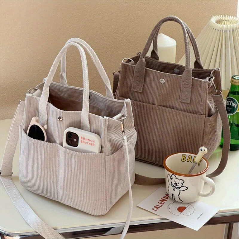 Hand Washable Corduroy Tote Bag with Multiple Pockets Everyday Crossbody or Shoulder Bag Solid Color Satchel for Daily Use251222