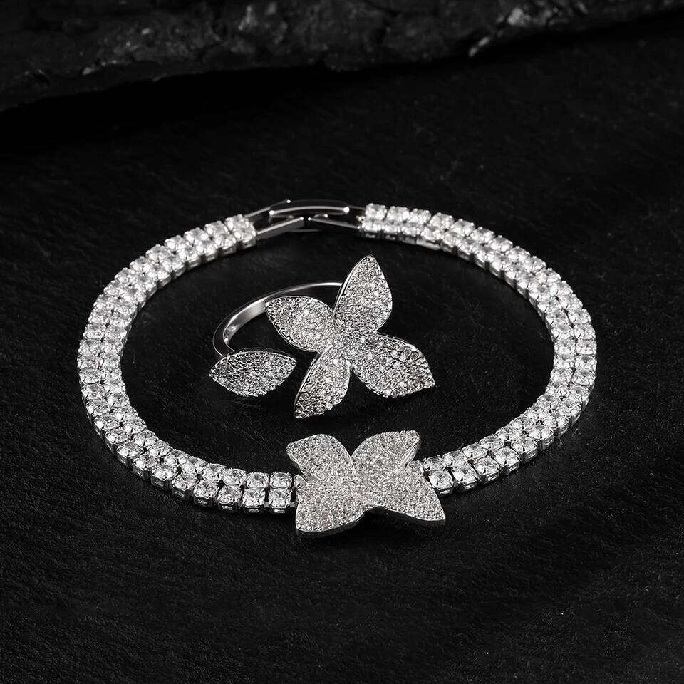 ZAKOL Luxury Brilliant Full Micro-inlaid Zircon Leaf Flower Bracelet Ring for Women Buling CZ Engagement Wedding Party Jewelry