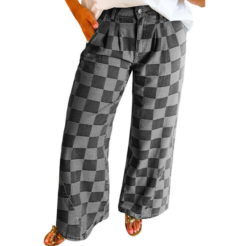 European American Style Trendy Checkerboard Print Jeans Spring and Autumn New High Waist Loose Wide Leg Pants for Women