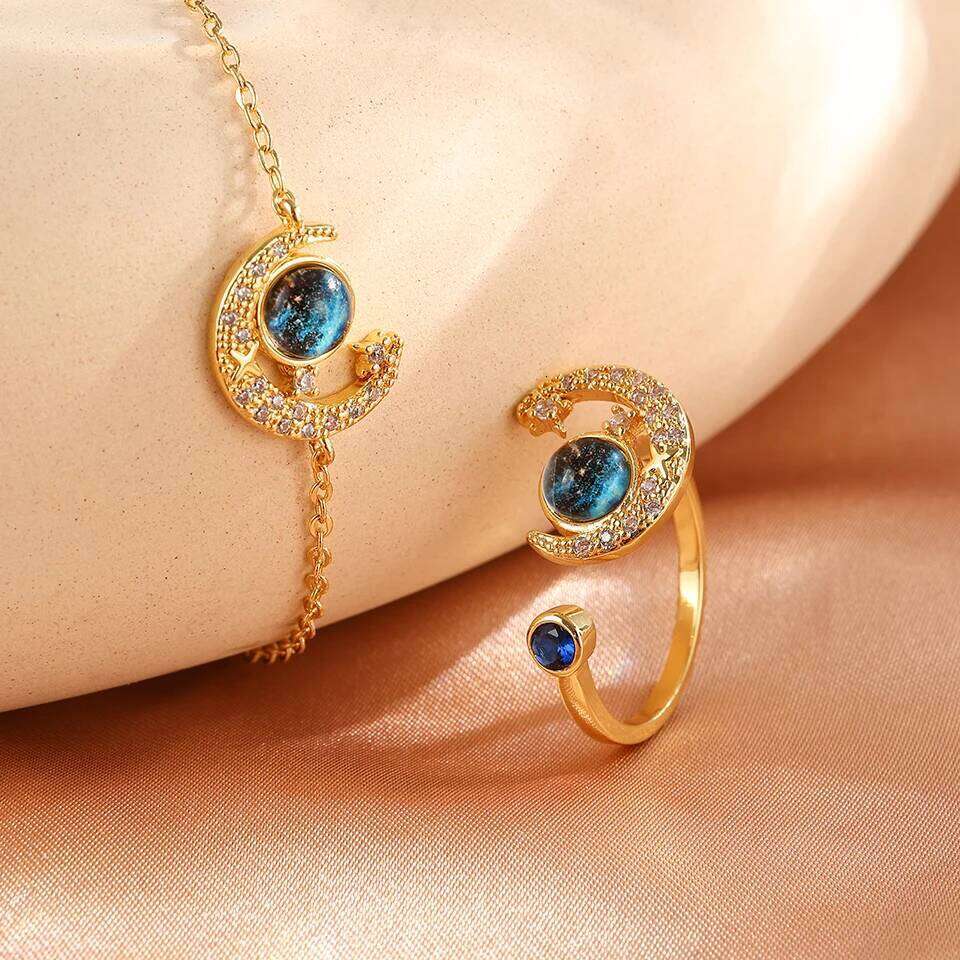 ZAKOL Two-piece Blue Space Planet Moon Titanium Steel Bracelet Ring Set for Women Exquisite Shiny Zircon Party Jewelry