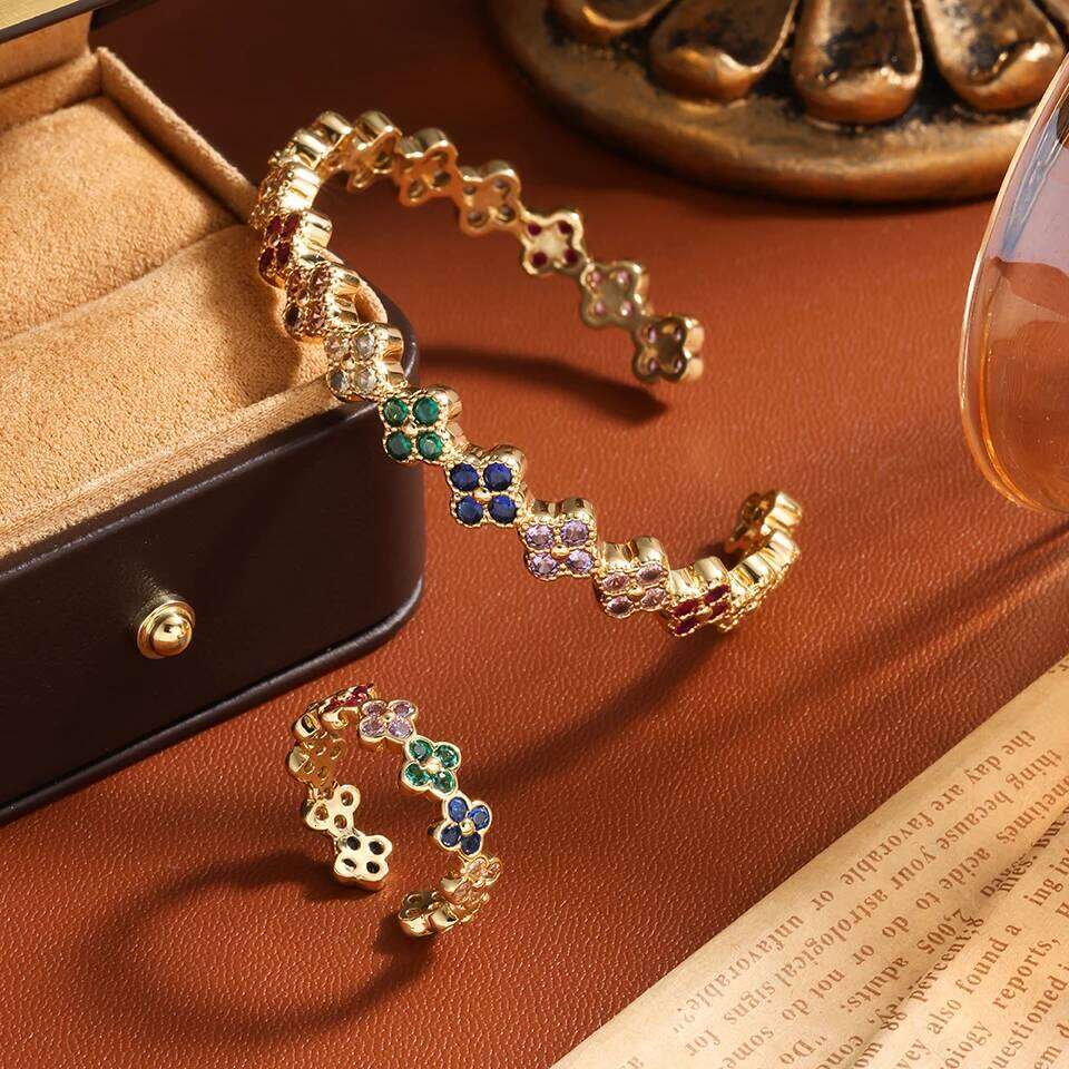 ZAKOL Luxury Four-leaf Flower Zircon Bracelet Ring Set for Women Gorgeous Shiny Colorful CZ Wedding Party Jewelry
