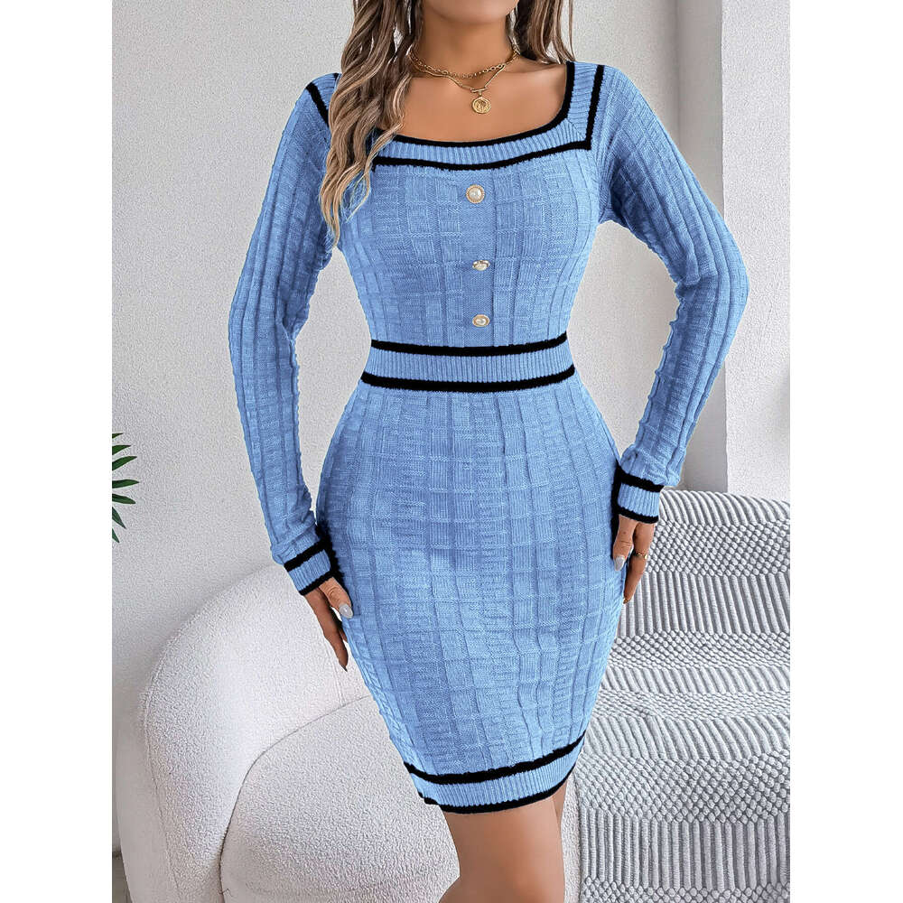 Autumn Winter European American Elegant Square Neck Button Long Sleeve Sweater Bodycon Dress Independent Cross-Border Women's Fashion