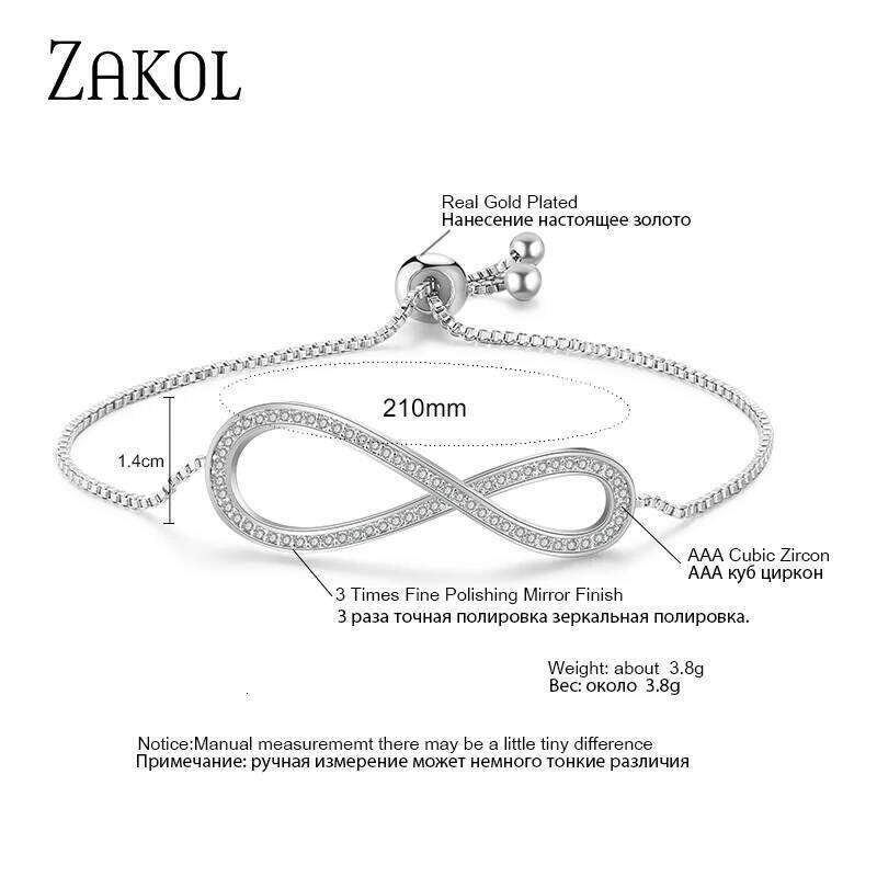 ZAKOL Brand Simple 8 Shape Cubic Zircon Adjustable Bracelets for Women Girls Fashion Party Jewelry Gift BP2030