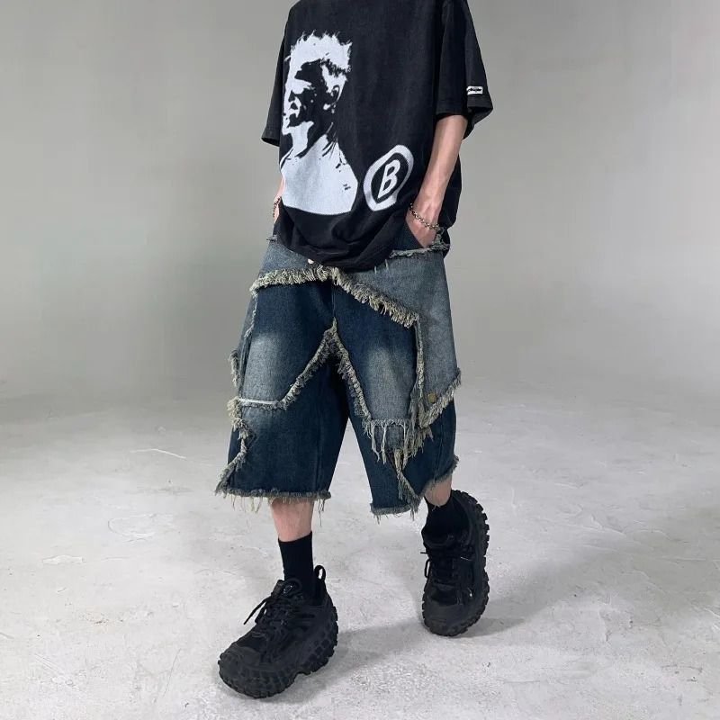 2025 Mens Denim Shorts Harajuku Retro Tassel Patchwork Mens Shorts High Street Loose Hip-hop Trend Streetwear Mens Wear 251223