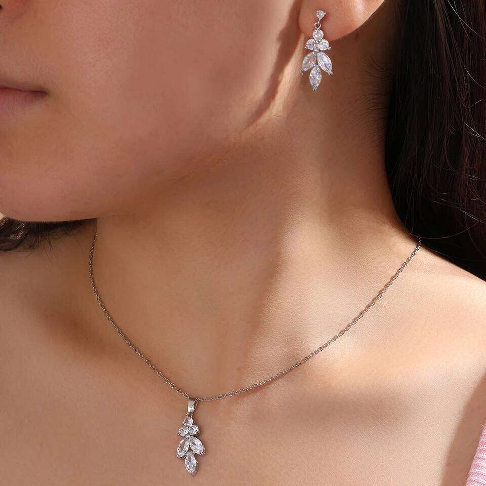 ZAKOL Classic Marique Leaf AAA Zircon Earrings Necklace Wedding Set With Pink Box Birthday Christmas Jewelry Gift