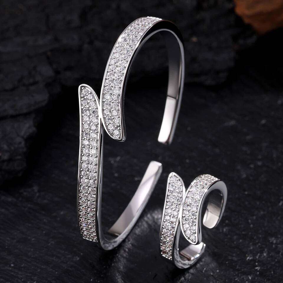 ZAKOL 9 Styles Slivery Open Bracelet Ring Set Luxury Shiny Zircon Middle East Trendy Jewelry for Women Gift