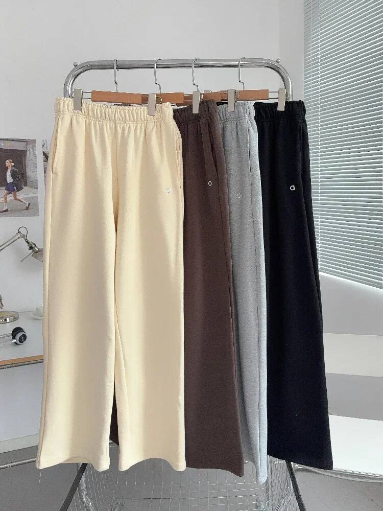 Women's Sports Pants Elastic High Waist Black Straight Trousers Cotton Loose 2025 Autumn Winter Thicken Warm Sweatpants Women