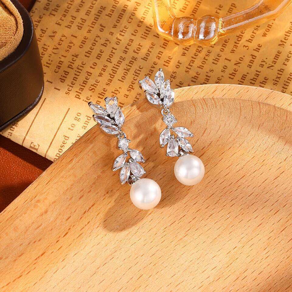 ZAKOL Luxury Leaf Cubic Zirconia Imitation Pearl Dangle Earring for Women Elegant Wedding Engagement Party Jewelry