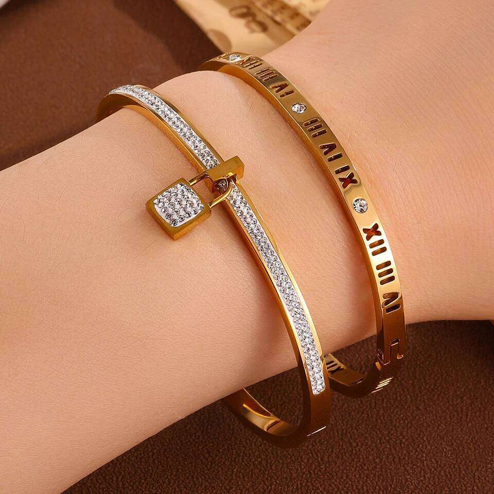 ZAKOL Hot Sale Stainless Steel Zircon Inlaid Bracelet Roman Numeral Hanging a Lock Bangle Waterproof Jewelry Gift for Women