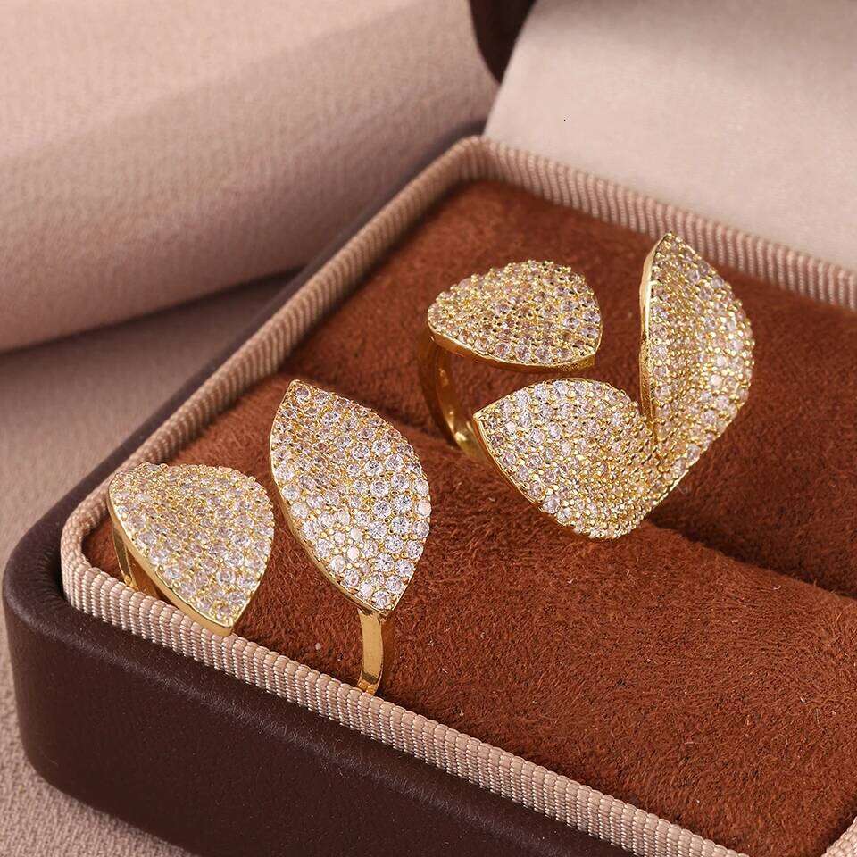 ZAKOL Two Pieces Micro-set Zircon Leaf Flower Open Set for Women Paved Bling CZ Cocktail Party Ring Jewelry Accessories