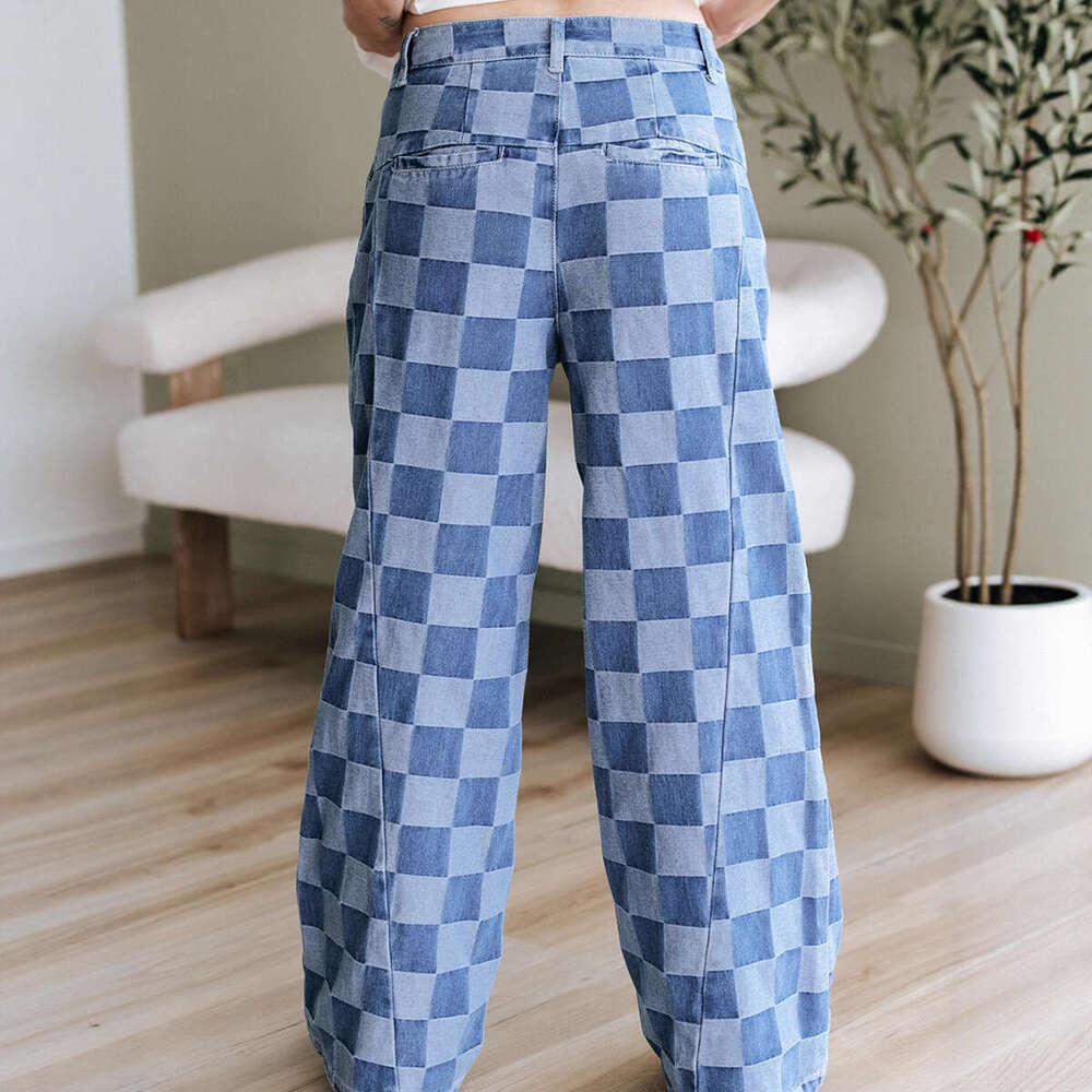 European American Style Trendy Checkerboard Print Jeans Spring and Autumn New High Waist Loose Wide Leg Pants for Women