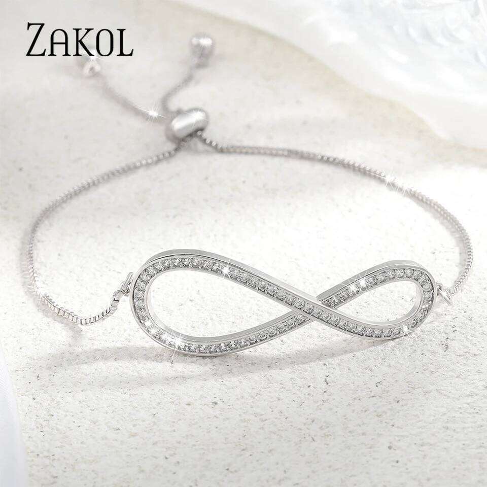 ZAKOL Brand Simple 8 Shape Cubic Zircon Adjustable Bracelets for Women Girls Fashion Party Jewelry Gift BP2030