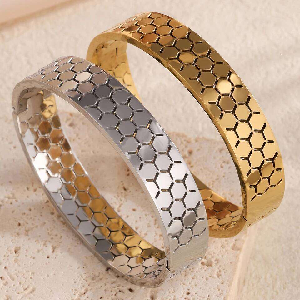 ZAKOL Geometric Hexagon Honeycomb Stainless Steel Bracelet for Women Fashion Waterproof Wide Bangle Party Jewelry