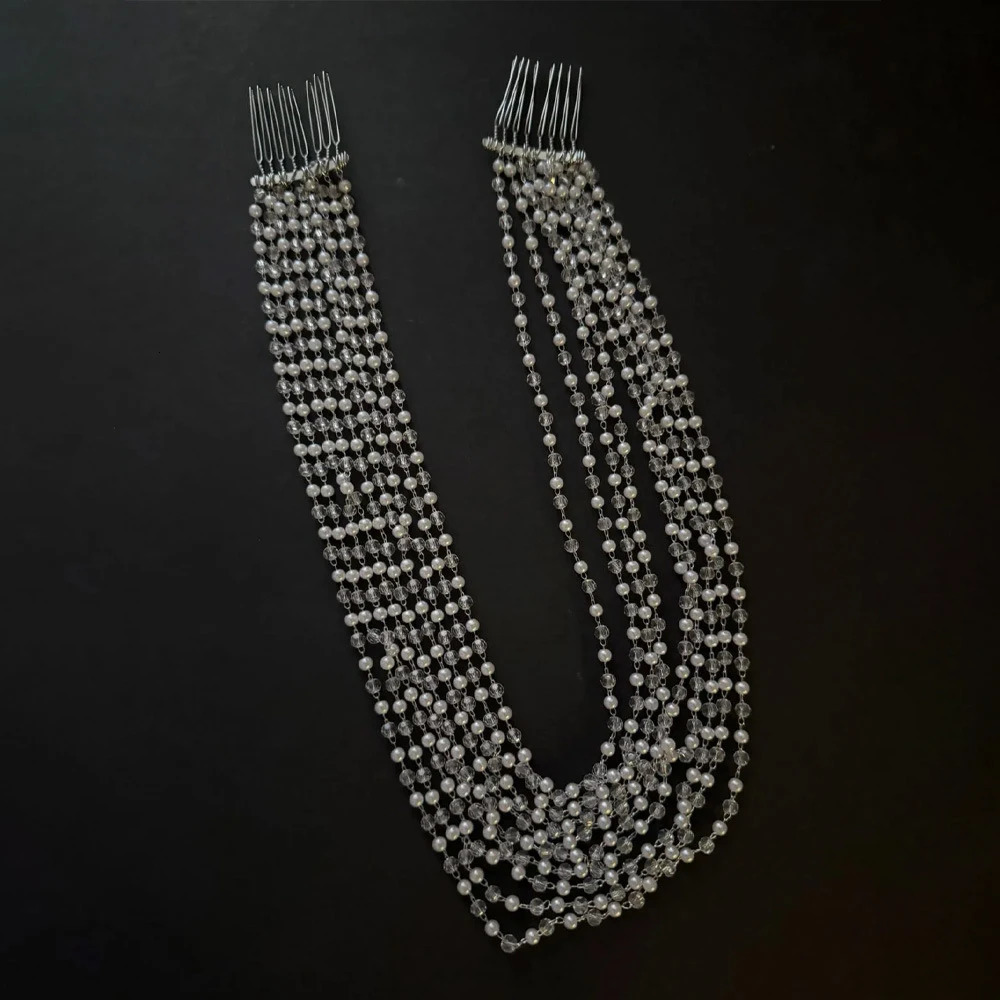 Boho Pearl Multilayer Tassel Headpiece Chain Wedding for Women Elegant Round Bead Bridal Hair Comb Tiara Prom Head Accessories 251223