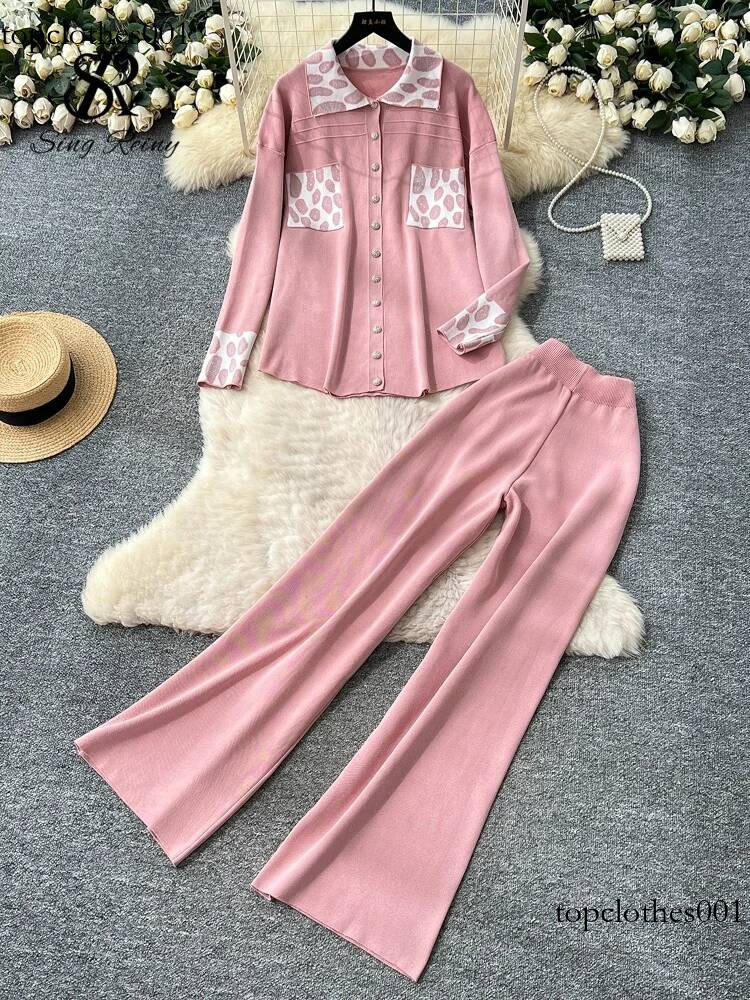 SINGREINY Winter Leopard Casual Suits Fashion Women Loose Knit Shirt+Elastic Wide Legs Long Pants Print Sweater Two Pieces Sets