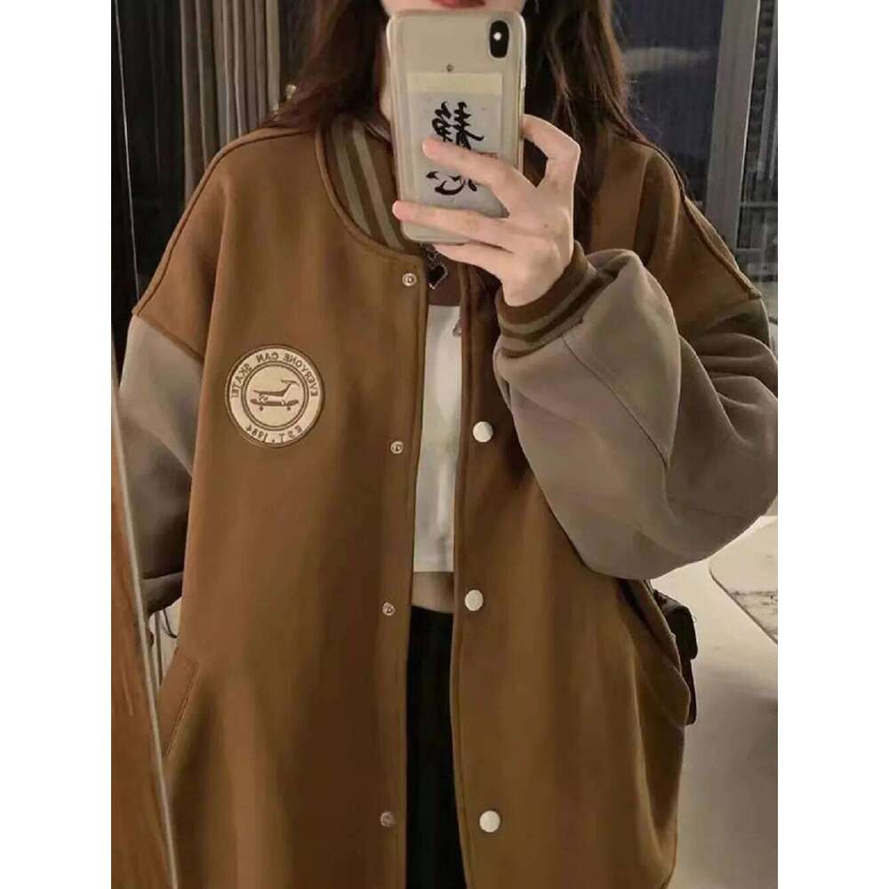 American Vintage Lazy Style Letter Embroidery Print Fleece Thickened Cotton Baseball Jersey Women's Loose Autumn Winter Fashion