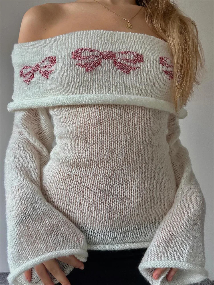 Womens Off Shoulder Sweaters Chest Folding Boat Neck Long Sleeve Slim Fit Casual Knitted Tops Pullovers Shirts Fall Spring 251215