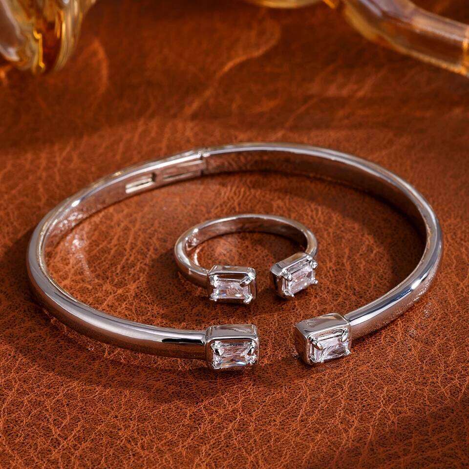 ZAKOL Classic 2pcs Set Two Square-shaped Open Ring Bracelets Fashion Wedding Party Daily Jewelry for Women