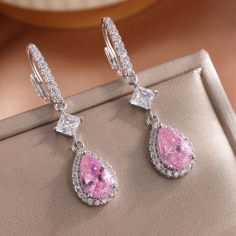 ZAKOL Fashion Pink Water Drop Zircon Hoop Earrings for Women Buling Cubic Zirconia Bridal Earring Wedding Party Jewelry