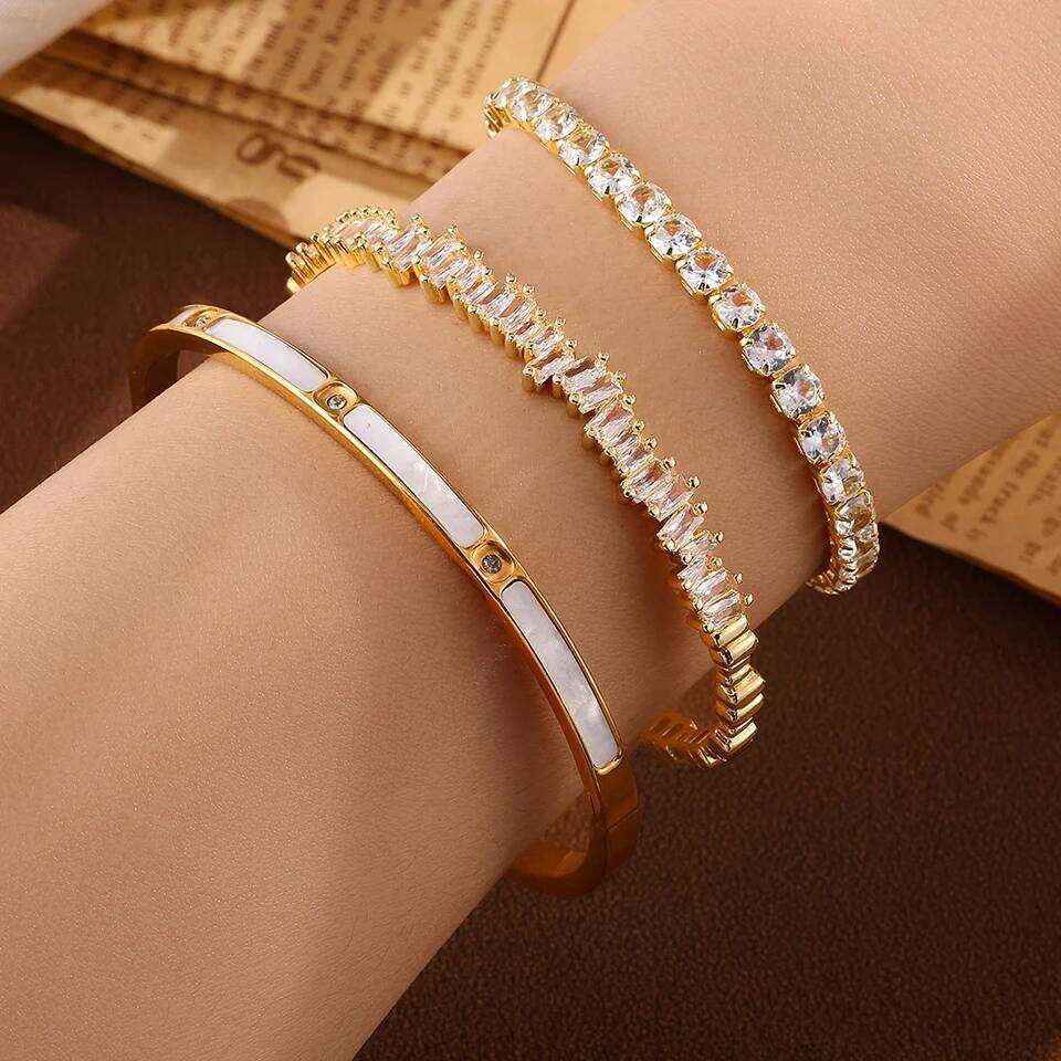 ZAKOL Three Pieces Copper Stainless Steel Stackable Bracelet Bangles for Women Shiny Geometric Zircon Wedding Party Jewelry