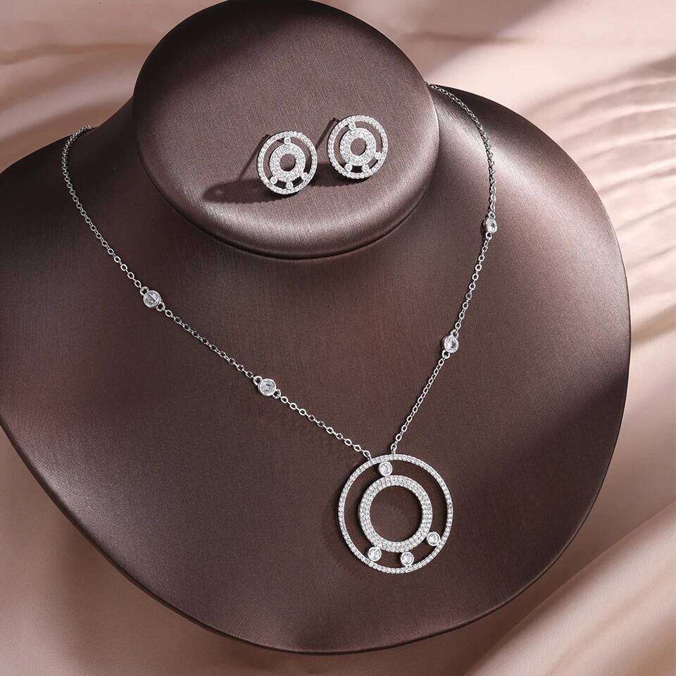 ZAKOL New Buling Two Hollow Circles Zircon Pendant Necklace Earrings for Women Elegant Party Weddding Jewelry Set