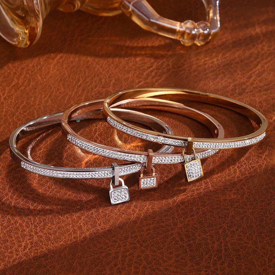 ZAKOL Hot Sale Stainless Steel Zircon Inlaid Bracelet Roman Numeral Hanging a Lock Bangle Waterproof Jewelry Gift for Women