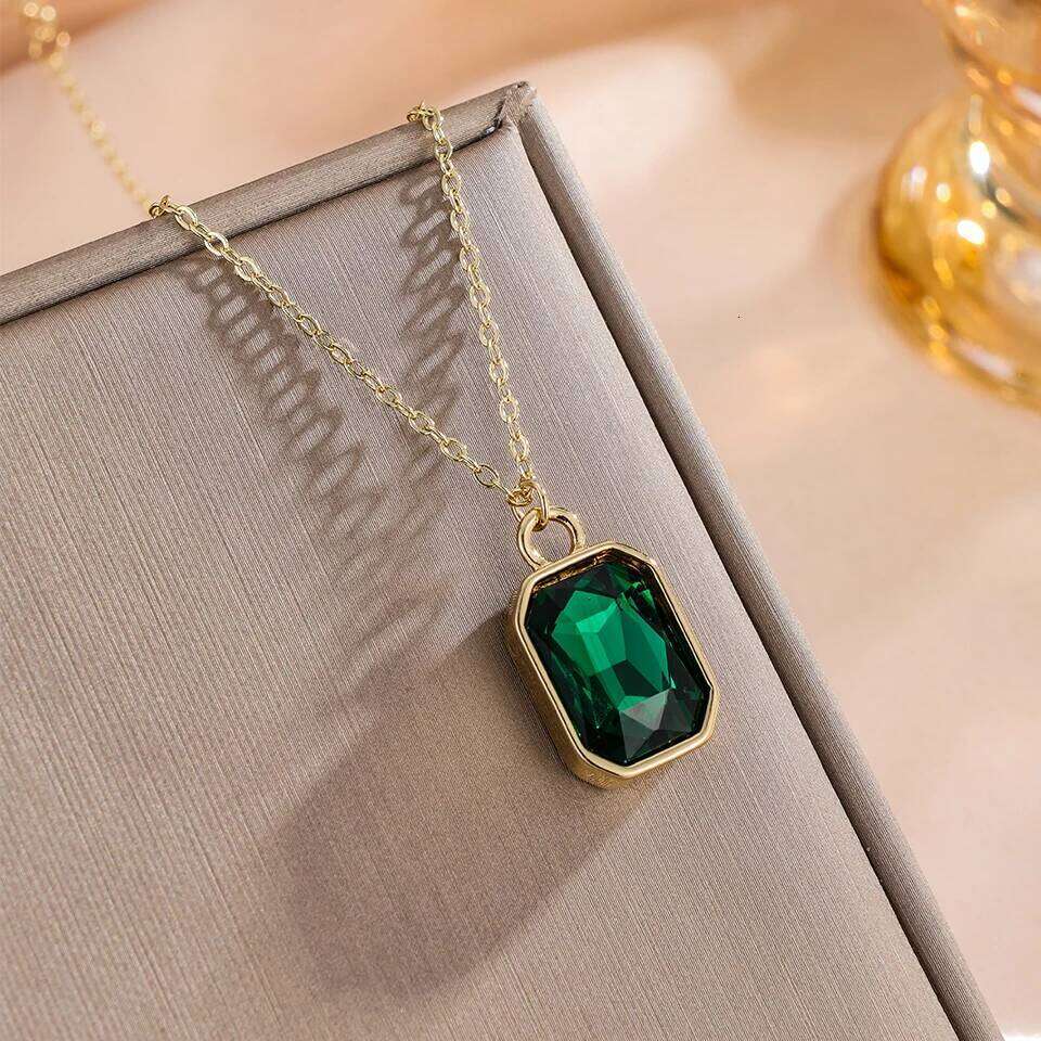 ZAKOL Green Purple Big Square Crystal CZ Pendant Necklace for Women Gold Color Chain Neckalces Collar Jewelry Gift