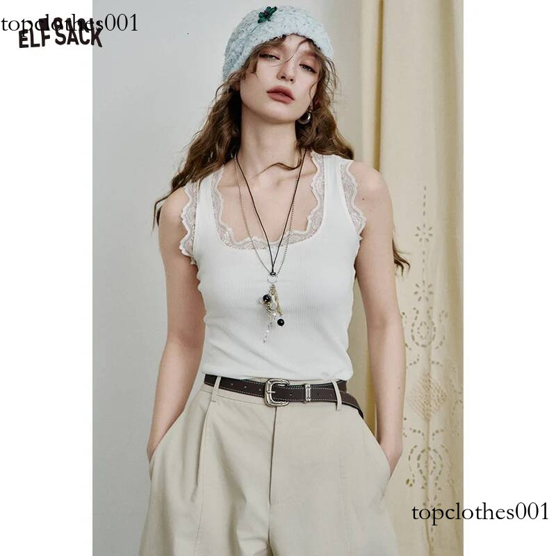 ELFSACK 2025 Spring New Arrivals White Lace Slim Fitting Camisole Vest For Women