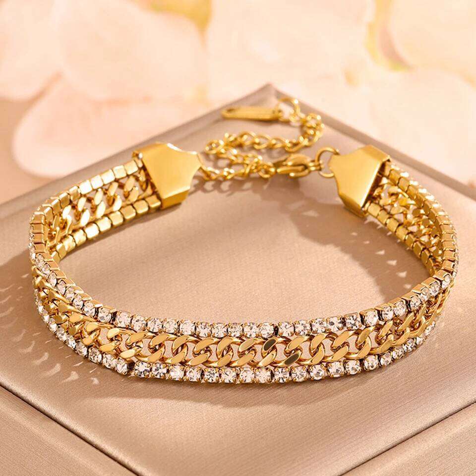 ZAKOL New Cubic Zirconia Tennis 18K Gold Plated Stainless Steel Three Layer Wide Bracelet Luxury Jewelry Gift for Women