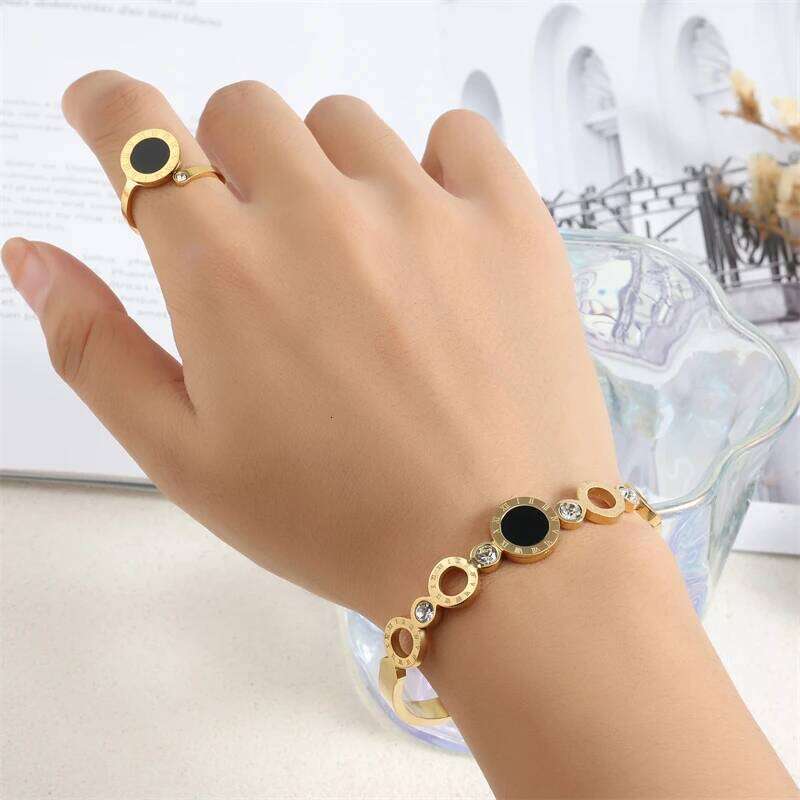ZAKOL 2 Pcs Fashion Rings For Women Black Acrylic Roman Numeral Stainless Steel Couple Bracelet Jewelry Set Gift