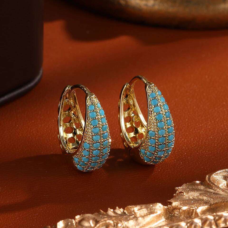 ZAKOL Gold Color Blue Turquoise CZ Chunky Water Drop Shape Hoop Earrings Shiny Clear Zircon Versatile Jewelry Gift