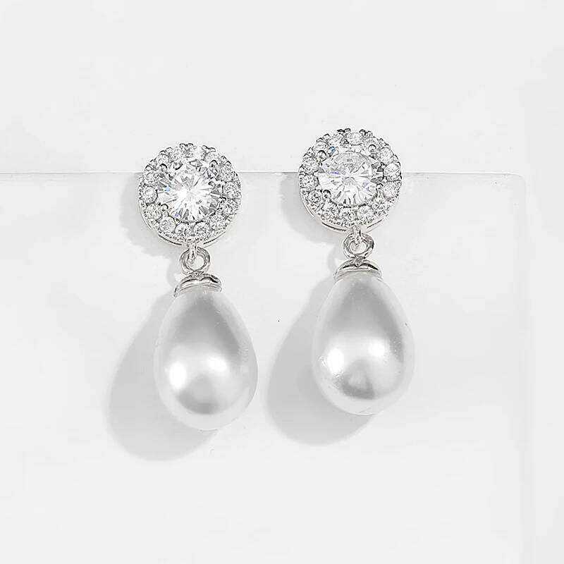 ZAKOL Elegant Geometric Zircon Imitation Pearl Drop Earring for Women Shiny Crystal Bridal Promise Engagement Wedding Jewelry
