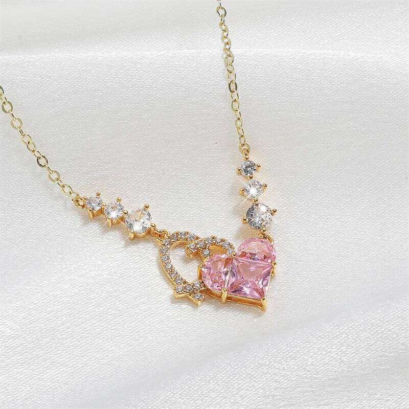 ZAKOL 2024 New Romantic Pink Zircon Pendant Geometric Heart Shaped Flowers Titanium Steel Chain Choker Necklace Gift
