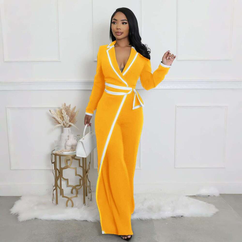 European American Cross-Border Amazon Fashion Women's Autumn and Winter Belt Design Two-Tone Patchwork Long Sleeve Jumpsuit